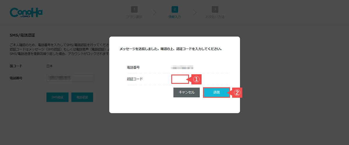 下記画面が表示されたら、届いた認証コードを入力して「送信」ボタンを押します。