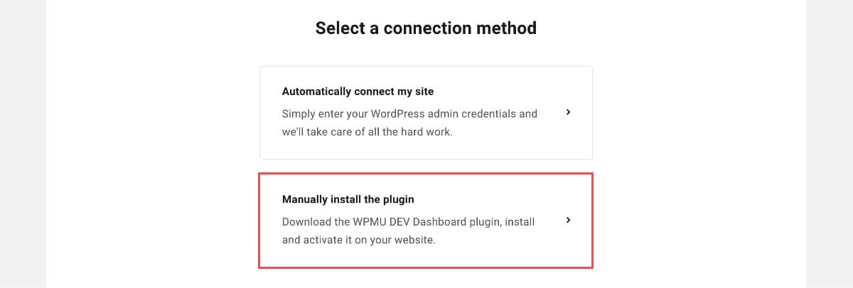 Select a Connection methodから「Manually install the plugin」を押します。